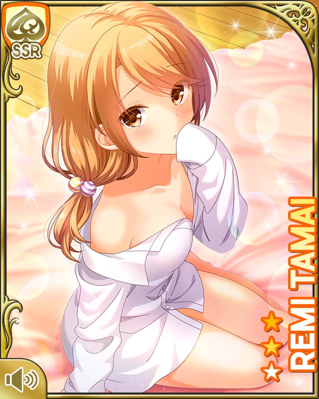1girl bare_legs barefoot bedroom bottomless brown_eyes brown_hair card_(medium) day dress_shirt girlfriend_(kari) indoors looking_at_viewer low_twintails official_art on_bed open_mouth qp:flapper shirt shy sitting solo tagme tamai_remi twintails white_shirt