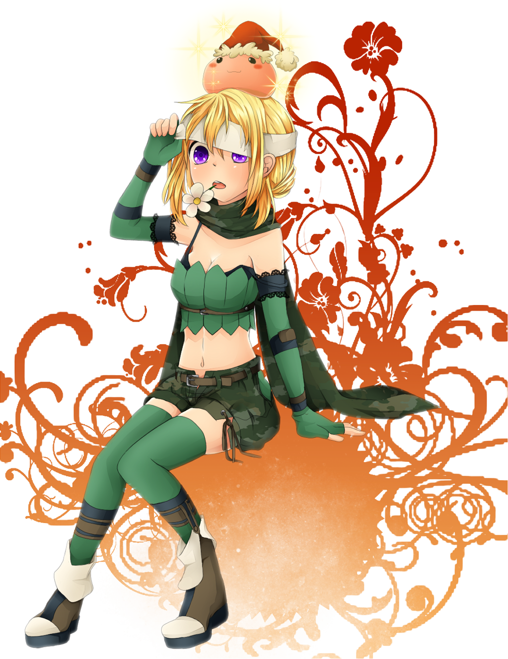 1girl :3 belt blindfold blindfold_lift blonde_hair blush boots bra_strap breasts brown_belt brown_boots camouflage camouflage_scarf camouflage_shorts cleavage commentary_request creature_on_head elbow_gloves fingerless_gloves floral_background full_body gloves green_gloves green_scarf green_shorts green_thighhighs green_tube_top hat highres large_breasts looking_at_viewer meiko_(nattu303) midriff navel open_fly open_mouth poring purple_eyes ragnarok_online ranger_(ragnarok_online) santa_hat scarf short_hair shorts sitting slime_(creature) solo strapless thighhighs tube_top white_background