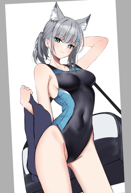 1girl animal_ear_fluff animal_ears bag black_one-piece_swimsuit blue_archive blue_eyes breasts competition_swimsuit contrapposto covered_navel cross_hair_ornament extra_ears grey_hair hair_ornament halo low_ponytail medium_breasts medium_hair mismatched_pupils multicolored_swimsuit nemun_(tamizzz) one-piece_swimsuit ponytail shiroko_(blue_archive) shiroko_(swimsuit)_(blue_archive) smile solo swimsuit towel white_background wolf_ears