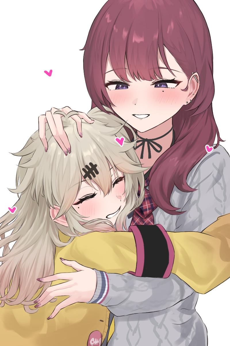 2girls aran_sweater armband blush cable_knit closed_eyes commentary_request ear_piercing eru_aise grey_hair grey_sweater grin hand_on_another&#039;s_head heart highres hug kasukabe_tsumugi long_hair mole mole_under_eye multiple_girls natsuki_karin parted_lips piercing purple_eyes red_hair shirt simple_background smile sweater synthesizer_v voicevox white_background yellow_shirt yuri