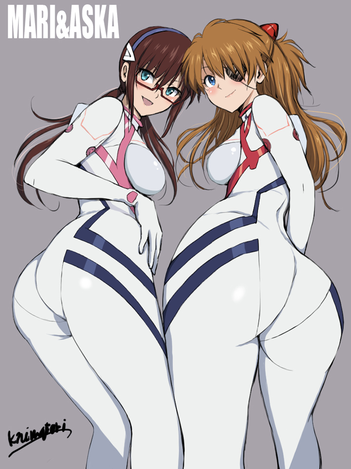 2girls aqua_eyes ass ass_focus blue_eyes blush bodysuit breasts brown_hair character_name evangelion:_3.0+1.0_thrice_upon_a_time eyepatch from_behind grey_background hairpods huge_ass interface_headset_(evangelion) long_hair looking_at_viewer looking_back low_twintails makinami_mari_illustrious mecha_pilot_suit medium_breasts multiple_girls neon_genesis_evangelion niwatori_kokezou orange_hair plugsuit_(evangelion) rebuild_of_evangelion red-framed_eyewear shiny_clothes shiny_skin simple_background smile souryuu_asuka_langley twintails white_bodysuit wide_hips