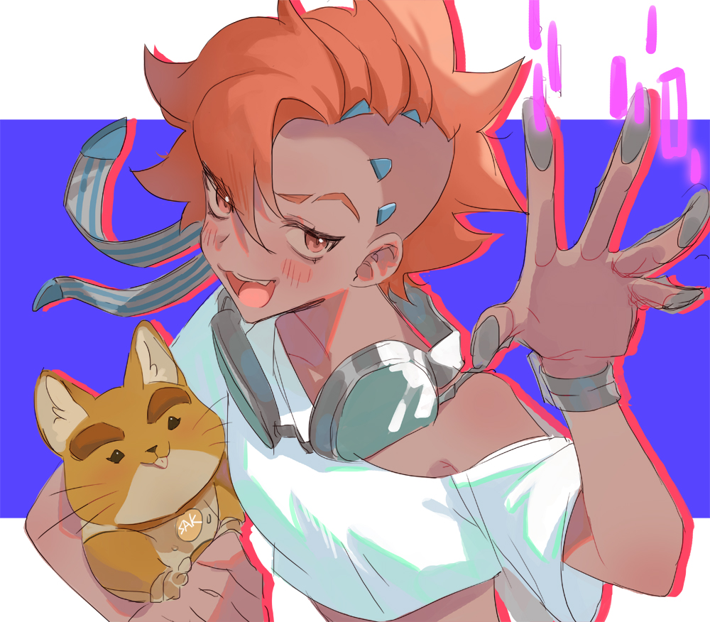 1girl :d animal animal_collar blue_background blush brown_eyes collar cosplay cowboy_bebop creature crop_top dark-skinned_female dark_skin edward_wong_hau_pepelu_tivrusky_iv edward_wong_hau_pepelu_tivrusky_iv_(cosplay) ein_(cowboy_bebop) ein_(cowboy_bebop)_(cosplay) fang female_focus goggles goggles_around_neck grin hammond_(overwatch) hamster hand_up headphones headphones_around_neck holding holding_animal looking_at_viewer name_tag off_shoulder open_mouth overwatch red_hair shirt simple_background single_bare_shoulder smile solo sombra_(overwatch) ssaknanda teeth tongue tongue_out trait_connection undercut upper_teeth_only watch white_background white_shirt