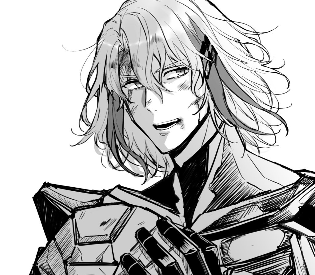 1boy armor bruise fate/grand_order fate_(series) greyscale hair_between_eyes hair_ornament hairclip helmet holding holding_helmet injury itokon300 looking_at_viewer male_focus monochrome odysseus_(fate) open_mouth short_hair simple_background teeth upper_body white_background