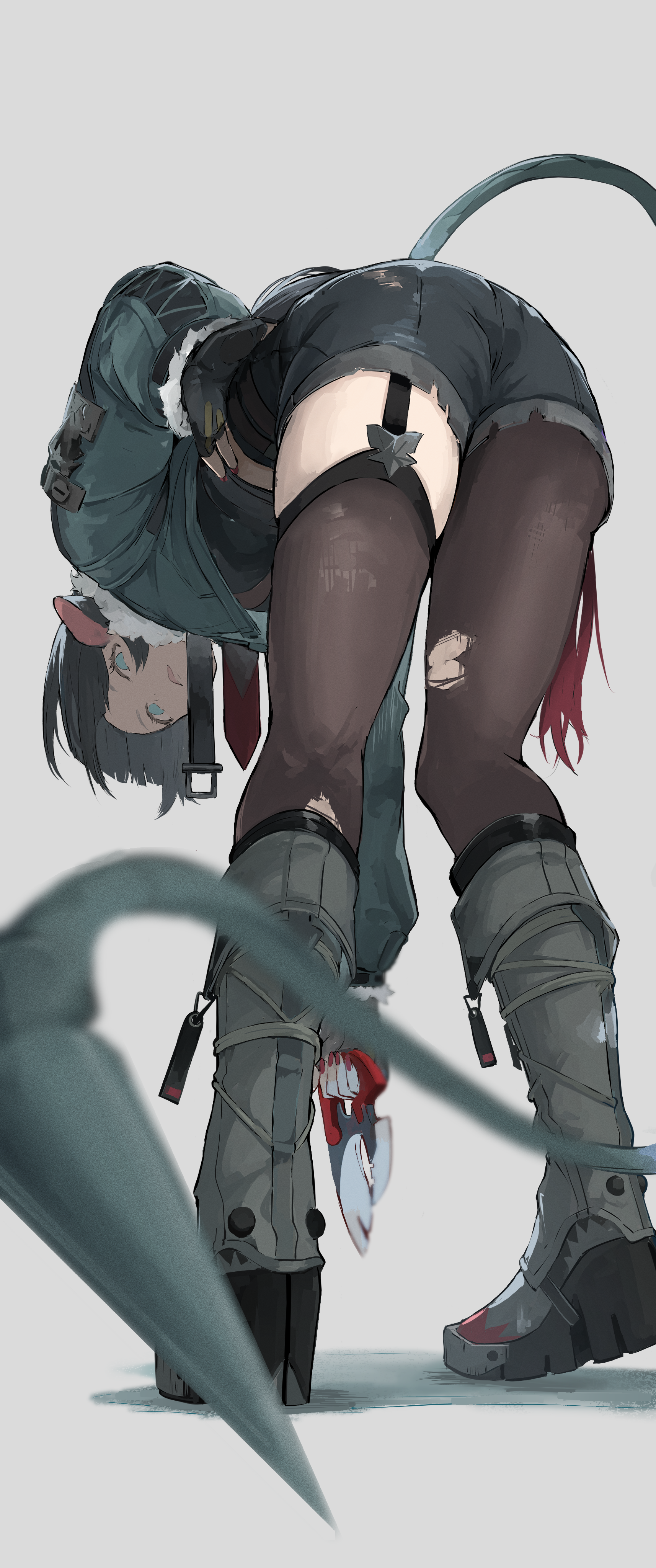 1girl absurdres animal_ears ass black_gloves black_pantyhose black_shorts blunt_bangs boots commentary fingerless_gloves fingernails fur-trimmed_jacket fur_trim gloves green_eyes green_hair green_jacket grey_background grey_boots high-waist_shorts highres holding holding_weapon jacket jane_doe_(zenless_zone_zero) looking_at_viewer mouse_ears mouse_girl mouse_tail nail_polish nashimisaki_futakotamagawa pantyhose red_hair red_nails shadow shorts sidelocks simple_background solo standing tail torn_clothes torn_pantyhose weapon zenless_zone_zero