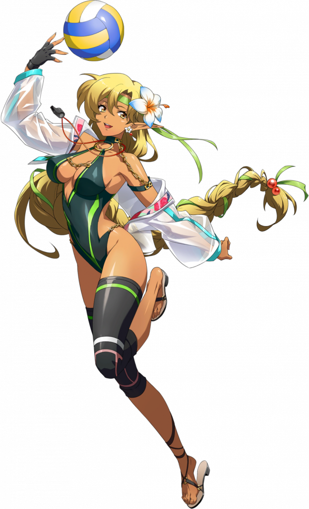 1girl :d ball bare_shoulders beachball beads blonde_hair braid braided_ponytail breasts chain choker cleavage clothing_cutout collarbone covered_navel dark-skinned_female dark_skin demon_girl earrings fingerless_gloves flower full_body game_cg gloves gold_chain green_choker green_headband green_one-piece_swimsuit green_ribbon hair_beads hair_between_eyes hair_flower hair_ornament hair_ribbon hand_up headband hibiscus highleg highleg_one-piece_swimsuit hip_vent jacket jacket_partially_removed jewelry knee_brace langrisser langrisser_ii langrisser_mobile leg_up long_hair looking_at_viewer medium_breasts official_alternate_costume official_art one-piece_swimsuit open_mouth pointy_ears ponytail ribbon sandals see-through_clothes see-through_jacket simple_background single_fingerless_glove smile solo sonia_(langrisser) standing standing_on_one_leg swimsuit tachi-e third-party_source toes tossing transparent_background very_long_hair volleyball_(object) whistle whistle_around_neck white_jacket yellow_eyes