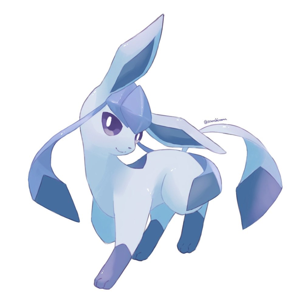 blue_eyes closed_mouth full_body gen_4_pokemon glaceon nintendo no_humans pokemon pokemon_(creature) simple_background smile solo sorashiramu twitter_username white_background