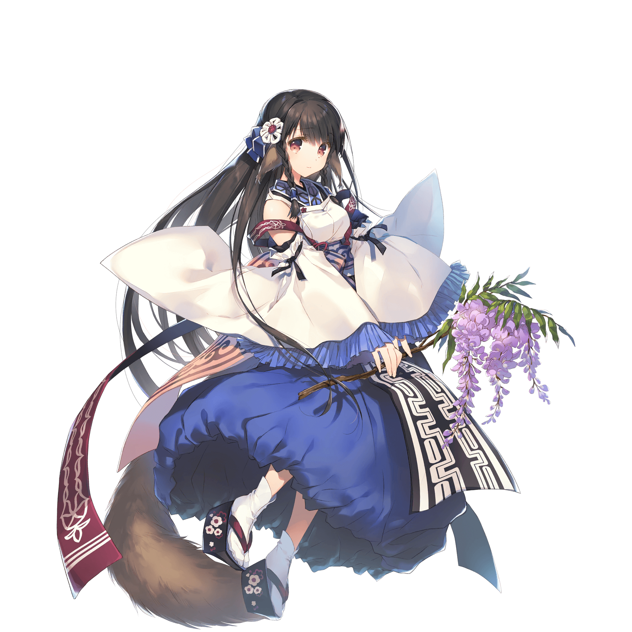 1girl ainu_clothes animal_ears black_hair bow braid full_body hair_between_eyes highres long_hair mitsumi_misato official_art red_eyes rulutieh solo twin_braids utawarerumono utawarerumono:_itsuwari_no_kamen