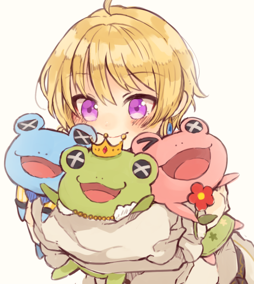1boy ahoge blonde_hair blush crown earrings idolmaster idolmaster_side-m jewelry kaerre long_sleeves looking_at_object loose_hair_strand male_focus mini_crown nk_nemumi pierre_bichelberger portrait purple_eyes shirt short_hair simple_background smile solo stuffed_animal stuffed_frog stuffed_toy white_background white_shirt