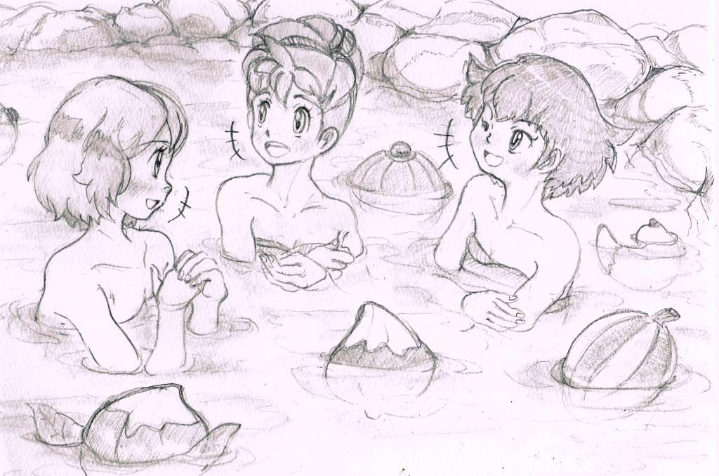 3girls itoh19893 miette_(pokemon) monochrome multiple_girls nintendo onsen partially_submerged pokemon pokemon_(anime) pokemon_xy_(anime) serena_(pokemon) shauna_(pokemon) towel traditional water