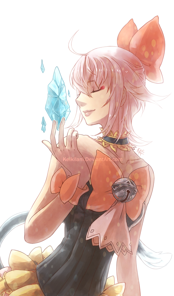1girl ahoge ascot bare_shoulders bell black_ascot black_shirt bow breasts cat_tail choker closed_eyes closed_mouth collarbone crystal female_focus final_fantasy_crystal_chronicles:_echoes_of_time frills hair_bow jingle_bell keikilani orange_bow orange_shorts pink_ascot sherlotta shirt short_hair shorts sidelocks signature silver_hair simple_background small_breasts solo strapless tail tube_top upper_body watermark web_address white_background wrist_wrap