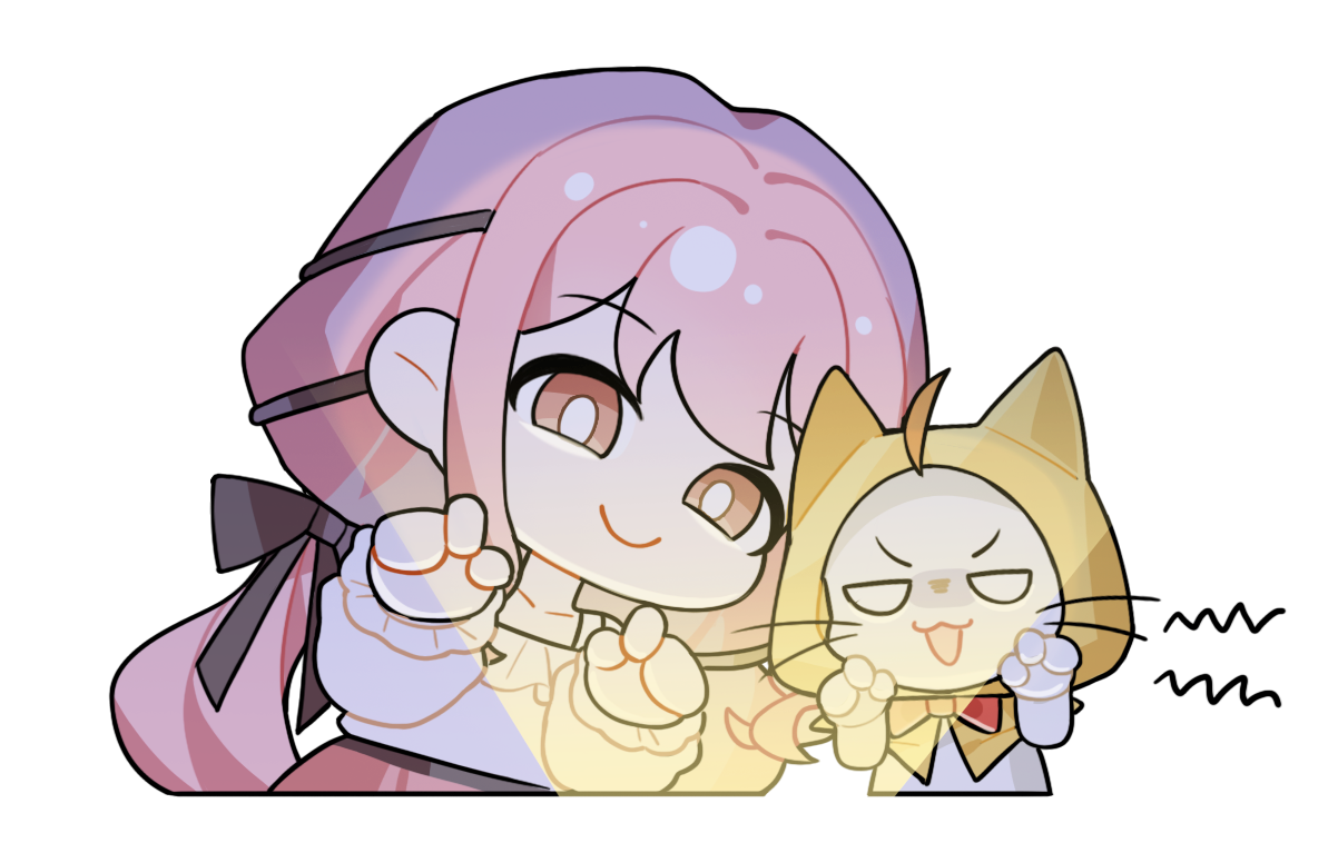 1girl ahoge animal artist_request bare_shoulders belt black_belt black_bow black_ribbon bow bowtie bra_strap bright_pupils brown_eyes cat chibi claw_pose cloak closed_mouth clothed_animal collarbone cropped_legs ear_covers frilled_shirt frilled_sleeves frills hair_bow hair_ribbon hood hood_up hooded_cloak infinity_nikki light_rays long_hair long_sleeves low_twintails momo_(nikki) nikki_(nikki) nikki_(series) no_pupils off-shoulder_shirt off_shoulder official_art perfect_start_(infinity_nikki) pink_hair pink_skirt puffy_long_sleeves puffy_sleeves red_bow red_bowtie ribbon shirt shout_lines skirt smile smug swept_bangs tareme traditional_bowtie transparent_background tress_ribbon twintails v-shaped_eyebrows very_long_hair whiskers white_cat white_pupils white_shirt yellow_cloak