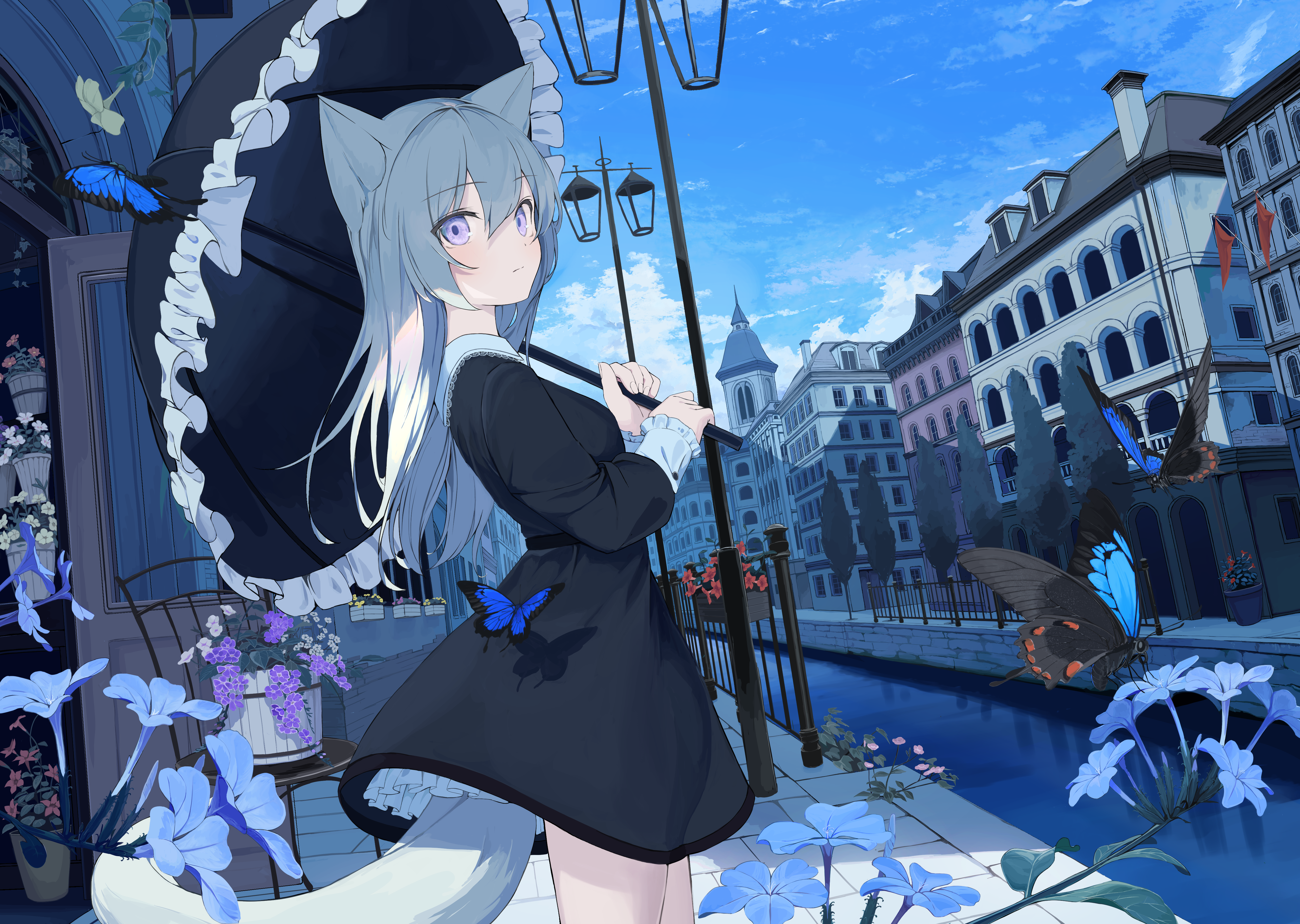 1girl absurdres animal_ears black_dress black_umbrella blue_flower blue_sky breasts building canal closed_mouth cloud commentary_request day dress flower flower_box frilled_sleeves frilled_umbrella frills grey_hair hair_between_eyes highres holding holding_umbrella huge_filesize lamppost long_hair long_sleeves mikisai original outdoors purple_eyes purple_flower railing red_flower sky small_breasts solo standing tail umbrella very_long_hair water window