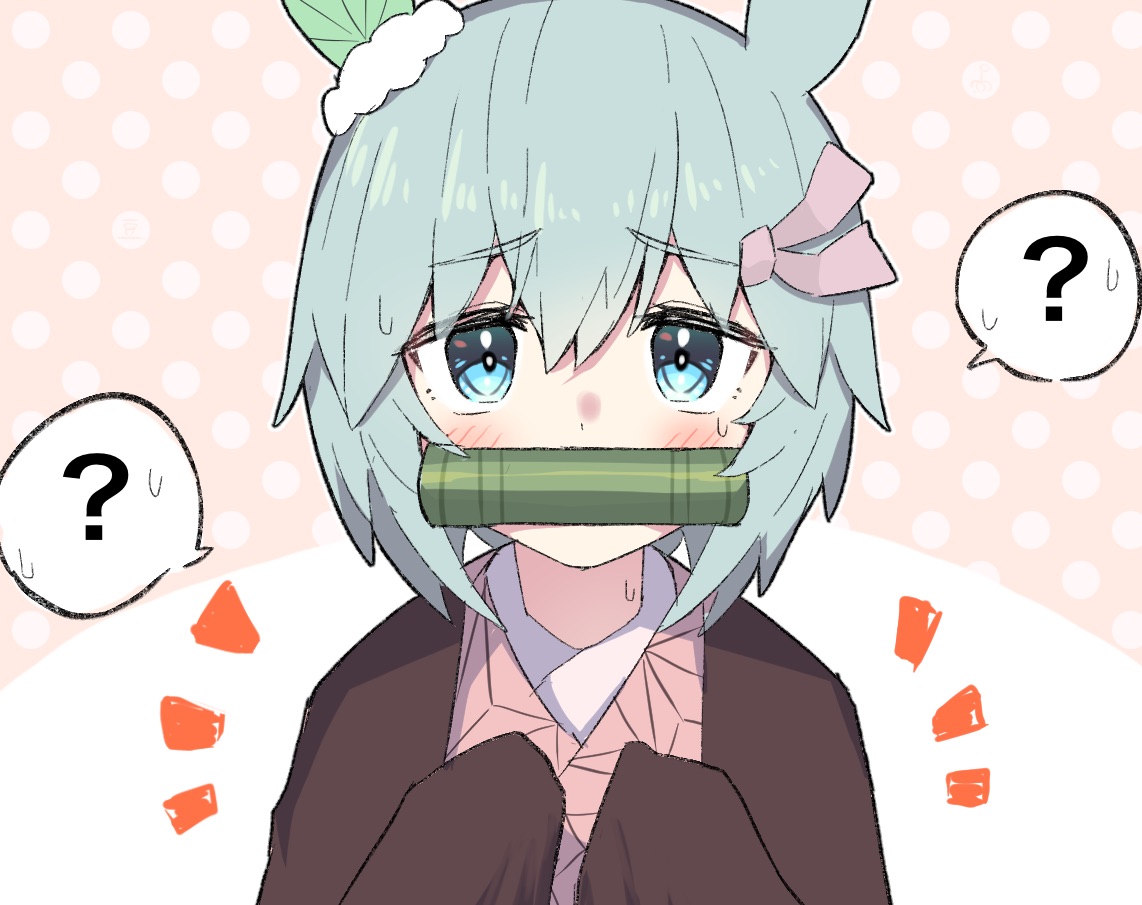 1girl ? animal_ears aqua_eyes bamboo bit_gag cosplay ear_covers gag gagged gagged_(willingly) hair_between_eyes kamado_nezuko kamado_nezuko_(cosplay) kitou_akari kyutai_x light_green_hair looking_at_viewer notice_lines seiun_sky_(umamusume) setsubun single_ear_cover sketch solo spoken_question_mark spoken_sweatdrop sweatdrop umamusume voice_actor_connection
