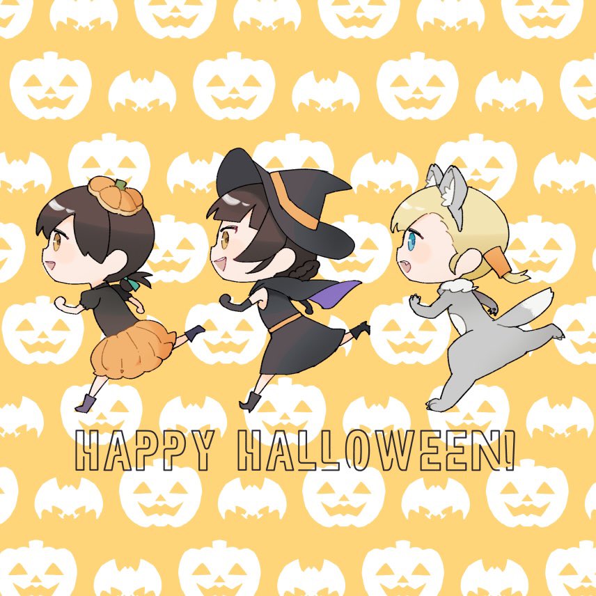 animal_costume animal_ears bat_(animal) black_dress black_hair black_shirt braid braided_bun chibi double_bun dress fake_animal_ears folded_ponytail hair_bun halloween hat jack-o&#039;-lantern kantai_collection kasuga_maru_(kancolle) orange_background orange_eyes orange_skirt parody pumpkin_hat pumpkin_skirt running shin&#039;you_(kancolle) shirt silhouette skirt sleeveless sleeveless_dress taiyou_(kancolle) un&#039;you_(kancolle) witch_hat wolf_costume yamashichi_(mtseven) yawata_maru_(kancolle)
