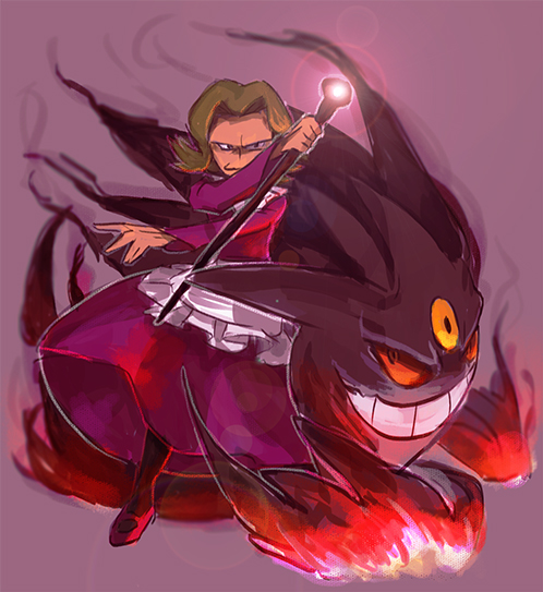 1girl agatha_(pokemon) apron cane dress full_body gen_1_pokemon gengar grin holding holding_cane inumura_(inu_noya) lens_flare looking_at_viewer mega_gengar mega_pokemon nintendo old old_woman pokemon pokemon_(creature) pokemon_frlg purple_background purple_dress red_eyes short_hair smile waist_apron white_apron