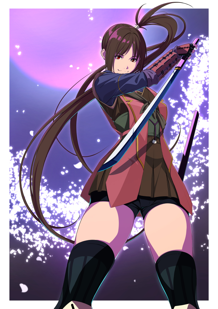 1girl bike_shorts_under_skirt brown_eyes brown_hair closed_mouth gloves holding holding_sword holding_weapon japanese_clothes long_hair looking_at_viewer onimusha onimusha:_dawn_of_dreams qwel_08 side_ponytail skirt smile solo sword thighhighs weapon yagyuu_juubei_(dawn_of_dreams)