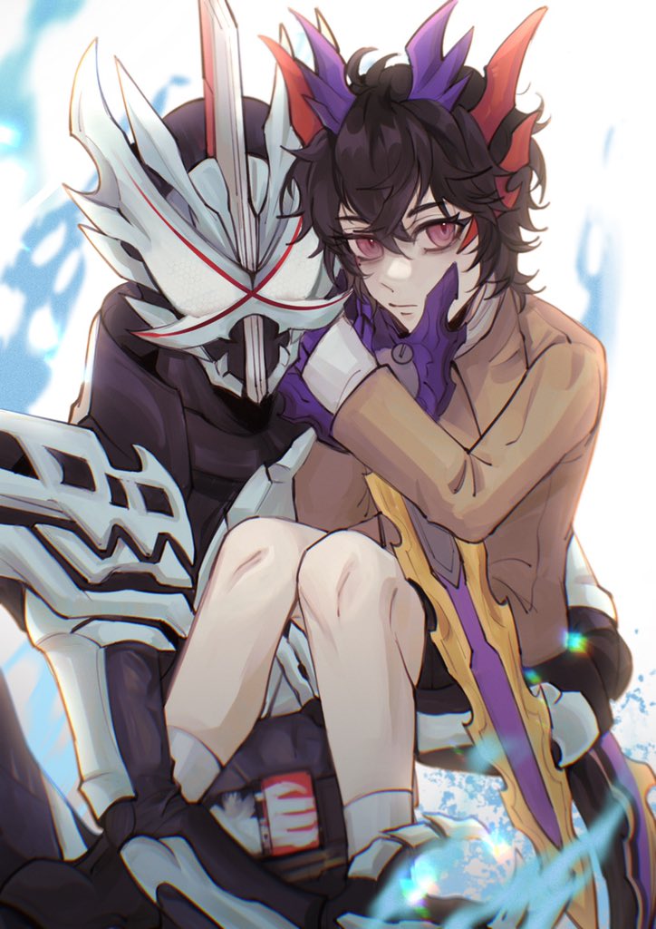 black_footwear black_hair blue_eyes bone bone_armor dragon dragon_boy dragon_horns fukamiya_kento gloves holding holding_sword holding_weapon horns jewelry kamen_rider kamen_rider_espada kamen_rider_saber kamen_rider_saber_(series) kamen_rider_saber_primitive_dragon_brave_dragon male_focus meowq purple_eyes purple_horns red_eyes shirt simple_background socks sword tail weapon white_background white_shirt