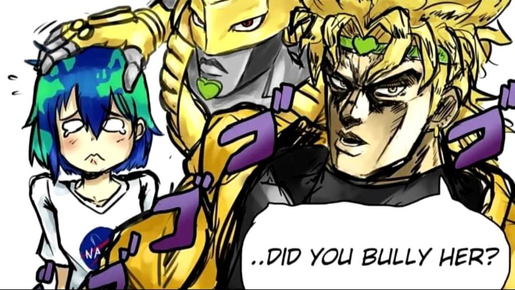 1boy 1girl 1other blonde_hair bullying crossover dio_brando earth-chan english_text green_headband headband holding_person jojo_no_kimyou_na_bouken logo looking_at_viewer manly nasa nasa_logo shirt simple_background sound_effects speech_bubble stand_(jojo) tearing_up the_world trait_connection white_background white_shirt