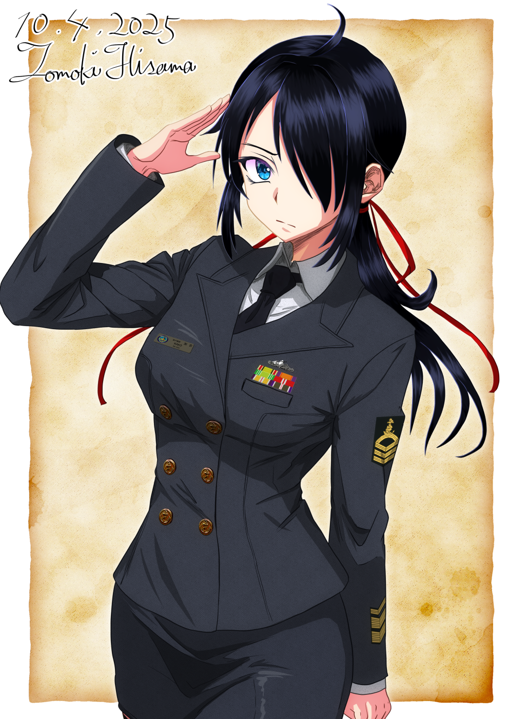 1girl ahoge alternate_costume artist_name black_hair black_jacket black_necktie black_skirt blue_eyes buttons collared_shirt dated double-breasted hair_over_one_eye hair_ribbon highres hisamatomoki jacket japan_maritime_self-defense_force japan_self-defense_force kako_(kancolle) kako_kai_ni_(kancolle) kantai_collection long_hair long_sleeves military military_dress_uniform military_rank_insignia military_uniform naval_dress_uniform naval_uniform necktie one-hour_drawing_challenge parted_bangs ponytail red_ribbon ribbon ribbon_bar salute shirt skirt solo white_shirt