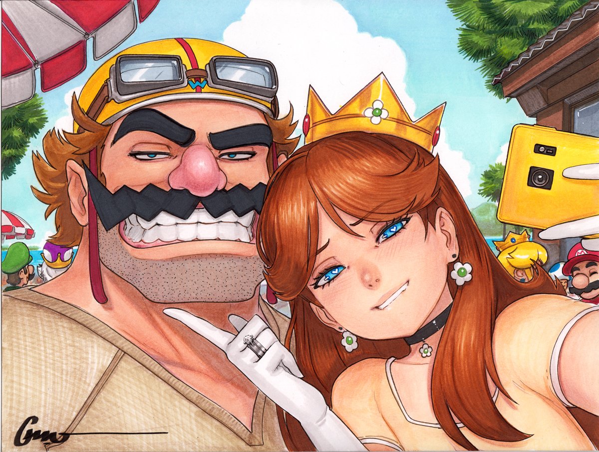 3boys 3girls beach beard_stubble biting_own_lip black_choker blonde_hair blue_eyes blue_sky blue_toad_(mario) brown_hair brown_shirt cellphone choker cloud commentary crown day dress earrings english_commentary facial_hair flower_earrings gloves goggles goggles_on_head green_hat grin hat heart heart-shaped_pupils helm helmet holding holding_phone jewelry luigi mario mario_(series) multiple_boys multiple_girls mustache new_super_mario_bros._u_deluxe nintendo ocean omar_dogan outdoors phone princess_daisy princess_king_boo princess_peach red_hat selfie shirt sky smartphone smile stubble symbol-shaped_pupils teeth traditional_media tree wario warioware white_gloves yellow_dress
