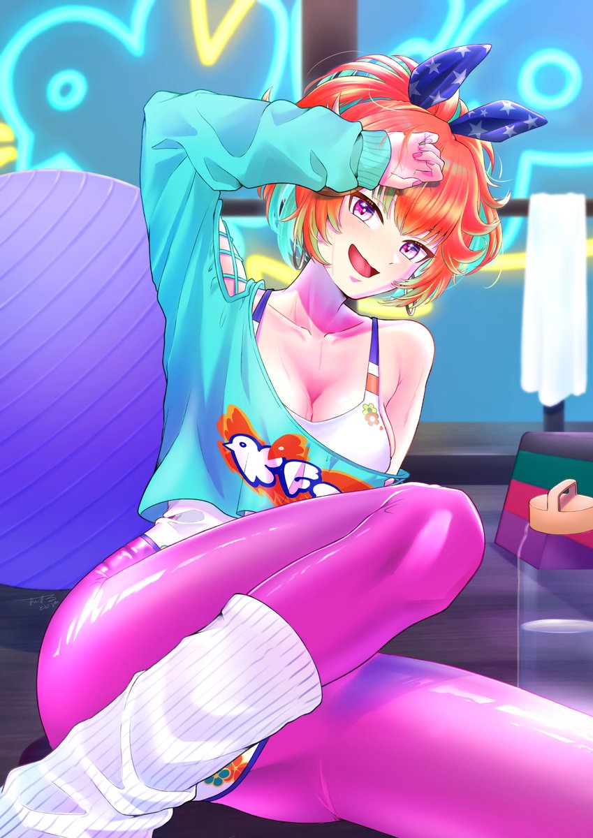 1980s_fashion 1girl arm_up ball bottle breasts cleavage commentary cropped_sweater earrings english_commentary exercise_ball floral_print_leotard green_highlights gym highres hololive hololive_english hoop_earrings indoors jewelry large_breasts leggings leotard looking_at_viewer manmaru_todoko neon_sign off-shoulder_sweater off_shoulder official_alternate_costume on_floor open_mouth orange_hair pink_leggings print_leotard purple_eyes resting sitting solo sweat sweater takanashi_kiara takanashi_kiara_(fever_night) towel virtual_youtuber water_bottle