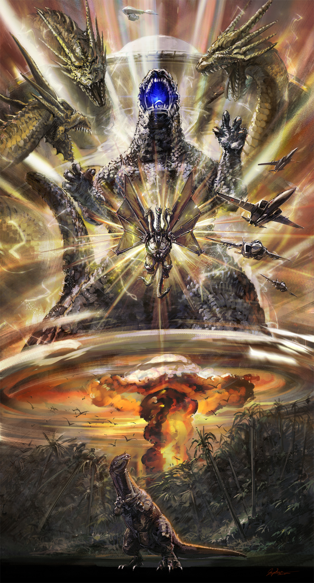 aircraft airplane artist_name before_and_after bikini_atoll bird castle_bravo claws cyborg dinosaur dragon explosion extra_tails f-15 fighter_jet fire flying glowing glowing_mouth godzilla godzilla_(series) godzilla_vs._king_ghidorah godzillasaurus green_eyes hayaken_sarena highres horns hydra japan_self-defense_force jungle kids_(godzilla) king_ghidorah marshall_islands mecha-king_ghidorah military military_vehicle monsterification mother_(godzilla) multiple_heads mushroom_cloud mutation nature nuclear_explosion operation_castle palm_tree plant polearm prosthesis prosthetic_head rainforest sharp_teeth shrimp_(thermonuclear_bomb) signature smoke symbolism tail teeth time_machine toho tongue transformation tree trident ufo weapon weapon_of_mass_destruction wings