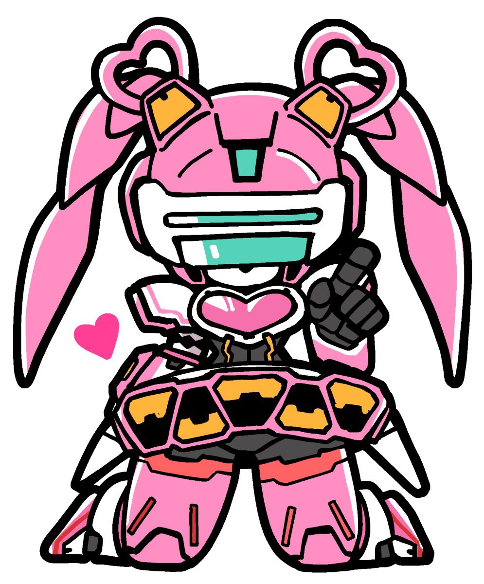 1girl android assault_visor bkub deformed fei-yen full_body hand_up heart highres index_finger_raised joints kneeling robot_joints simple_background solo straight-on twintails virtual_on white_background