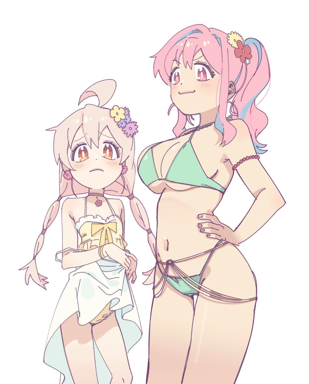 2girls ahoge bare_arms bare_legs bare_shoulders bead_armlet belly_chain bikini blue_hair breasts brown_eyes choker clothes_pull commentary dot_nose dress dress_pull earrings flower flower_earrings frilled_one-piece_swimsuit frills frown green_bikini hair_flower hair_intakes hair_ornament hands_on_own_hips highres hozuki_kaede jewelry kmingchoo large_breasts light_blush long_hair multi-tied_hair multiple_girls navel one-piece_swimsuit onii-chan_wa_oshimai! oyama_mahiro pink_choker pink_eyes pink_hair simple_background smile spaghetti_strap sundress swimsuit thigh_gap white_background white_dress yellow_one-piece_swimsuit
