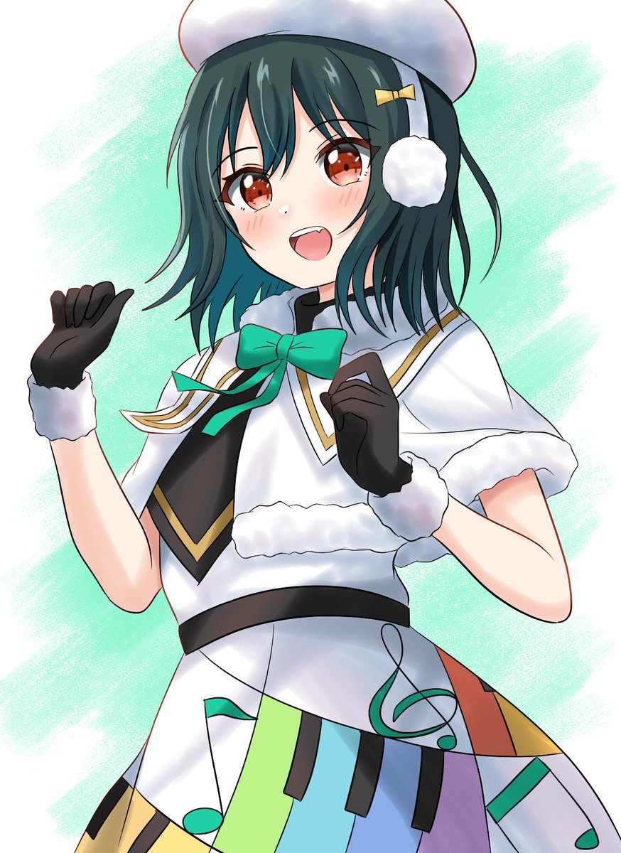 1girl beret black_gloves blush bow capelet colorful_dreams!_colorful_smiles!_(love_live!) commentary_request dress earmuffs fang gloves green_bow green_hair hair_ribbon hat highres katanashi_(ktnsh_popu) looking_at_viewer love_live! love_live!_nijigasaki_high_school_idol_club mifune_shioriko open_mouth piano_print red_eyes ribbon short_hair solo standing upper_body white_capelet white_dress white_hat yellow_ribbon