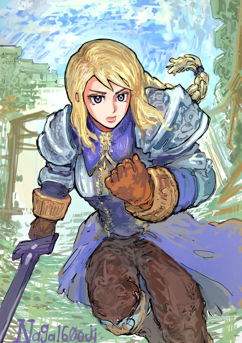 1girl agrias_oaks armor artist_name blonde_hair blue_dress braid breasts brown_eyes brown_gloves brown_pants clenched_hand dress final_fantasy final_fantasy_tactics gloves hair_tie highres holding holding_sword holding_weapon long_hair medium_breasts naga160oji pants parted_lips pauldrons shoulder_armor single_braid sketch solo sword weapon