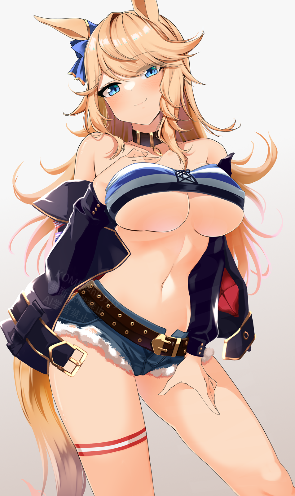 1girl animal_ears bandeau bare_shoulders belt black_belt black_choker black_jacket blonde_hair blue_bow blue_nails bow breasts choker cleavage commentary_request cowboy_shot cutoffs denim denim_shorts gold_city_(umamusume) grey_eyes hair_bow head_tilt highres horse_ears horse_girl jacket komb long_hair long_sleeves looking_at_viewer midriff navel off_shoulder open_clothes open_jacket short_shorts shorts simple_background solo standing stomach strapless striped_bandeau tail thighs tube_top umamusume white_background