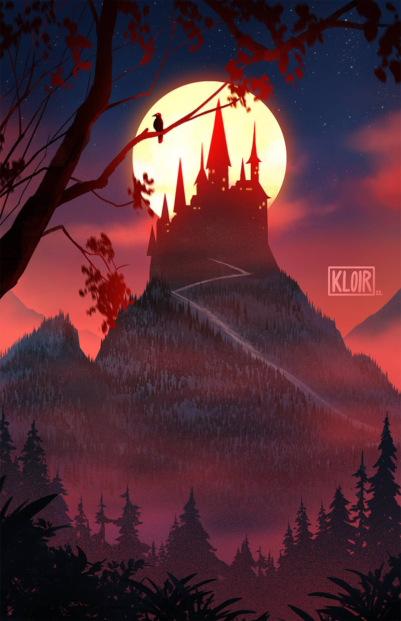 bird castle colored_smoke commentary crow dirt_road english_commentary fog forest full_moon halloween highres hill horror_(theme) kloir landscape moon nature night original painterly road scenery sky smoke star_(sky) starry_sky tree