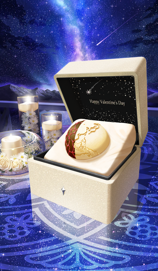 akitaken_(non_faciem) blue_background blue_sky box candle candy chocolate cloud commentary daisy_(flower) earth_(planet) english_text fate/grand_order fate_(series) fire flower food food_art food_focus galaxy gift gift_box happy_valentine in_box in_container moon mountainous_horizon night no_humans official_art planet rose shooting_star sky star_(sky) starry_sky still_life third-party_source valentine valentine_chocolate white_chocolate white_flower white_rose
