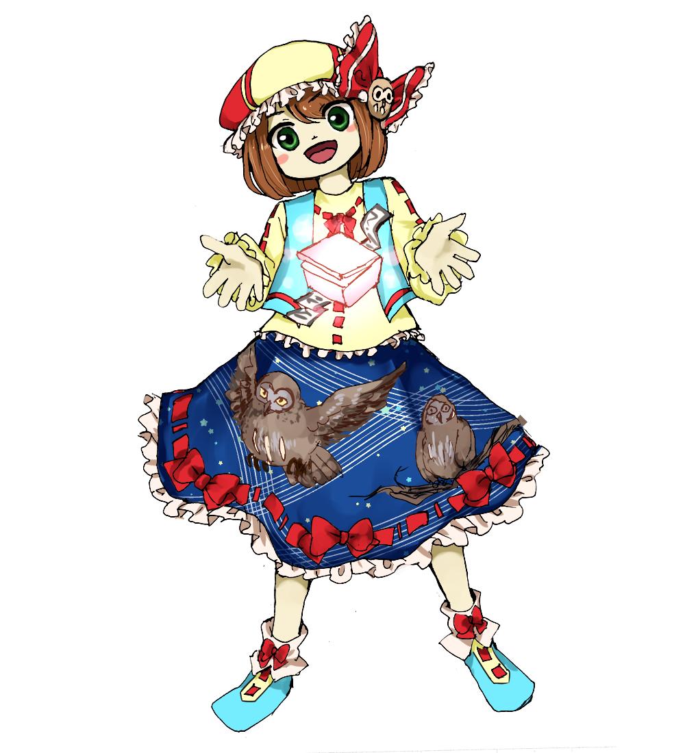 1girl bad_id bad_twitter_id bird bird_hair_ornament blue_shoes blue_skirt blue_vest blush_stickers bow bow_legwear bow_skirt box brown_hair commentary_request frilled_bow frilled_headwear frilled_shirt frilled_skirt frilled_sleeves frills full_body green_eyes hair_ornament hat hat_bow head_tilt long_sleeves looking_at_viewer medium_skirt open_clothes open_mouth open_vest original outstretched_hand owl owl_print parody red_bow red_hat ribbon-trimmed_footwear ribbon-trimmed_shirt ribbon-trimmed_skirt ribbon-trimmed_sleeves ribbon_trim shirt shoes short_hair simple_background skirt smile socks solo straight-on style_parody touhou triangle_nose two-tone_headwear vest white_background white_socks yellow_hat yellow_shirt yukkyon_kyon zun_(style)