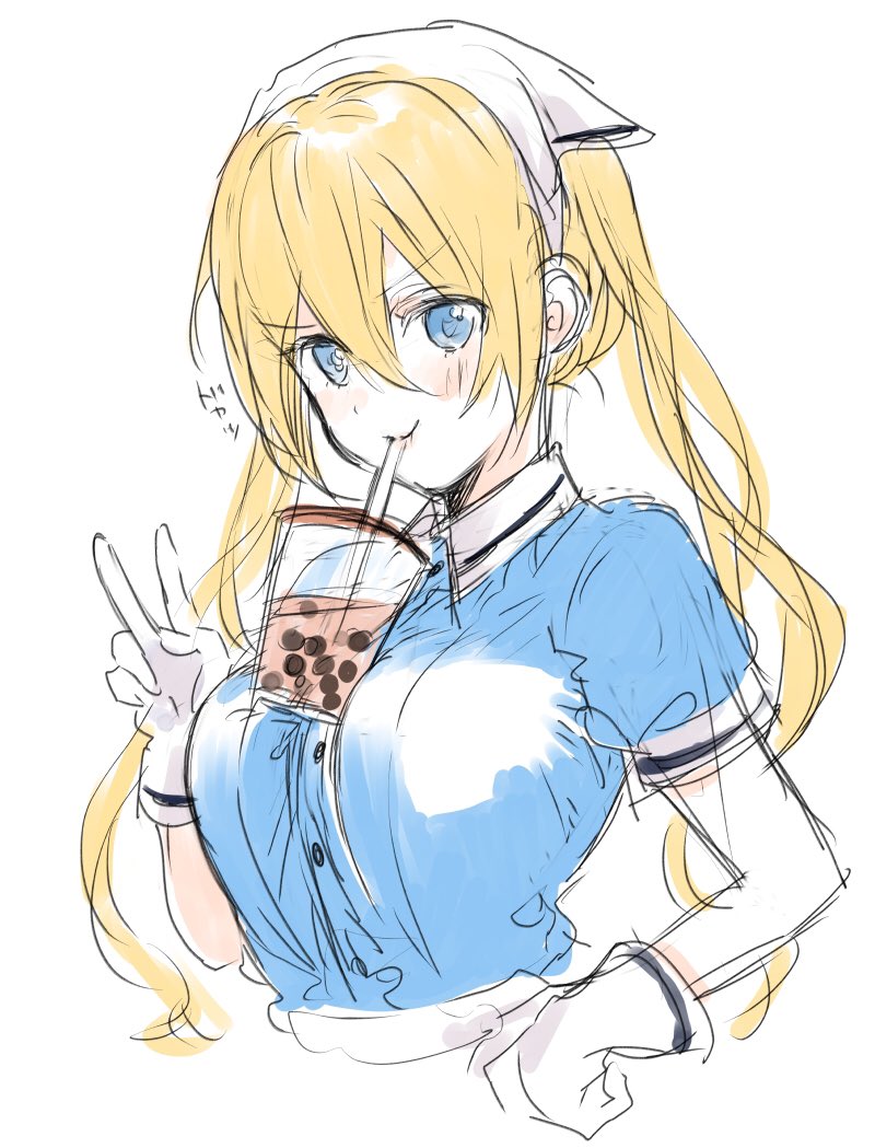 1girl blend_s blue_eyes blue_shirt blush breasts bubble_tea bubble_tea_challenge clenched_hand cropped_torso cup drinking_straw gloves hand_on_own_hip headscarf hinata_kaho long_hair looking_at_viewer nakayama_miyuki shirt short_sleeves simple_background sketch smug solo stile_uniform twintails upper_body v waitress white_background white_gloves white_headscarf