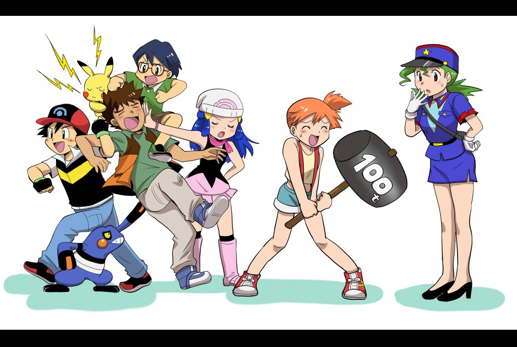 &gt;_&lt; 3boys 3girls ash_ketchum asymmetrical_hair bag bare_legs baseball_cap black_hair blue_hair blush boots brock_(pokemon) brown_hair carrying closed_eyes croagunk dawn_(pokemon) fingerless_gloves gen_1_pokemon gen_4_pokemon gintarou_(puipuiginta) gloves green_hair hat high_heels holding jacket jenny_(pokemon) letterboxed long_hair mallet max_(pokemon) miniskirt misty_(pokemon) multiple_boys multiple_girls nintendo on_shoulder open_mouth orange_hair pants pencil_skirt pikachu pink_footwear pokemon pokemon_(anime) pokemon_(classic_anime) pokemon_dppt_(anime) police police_uniform ponytail red_eyes scarf shirt shoes short_hair shorts side_ponytail simple_background skirt smile sneakers suspenders white_background