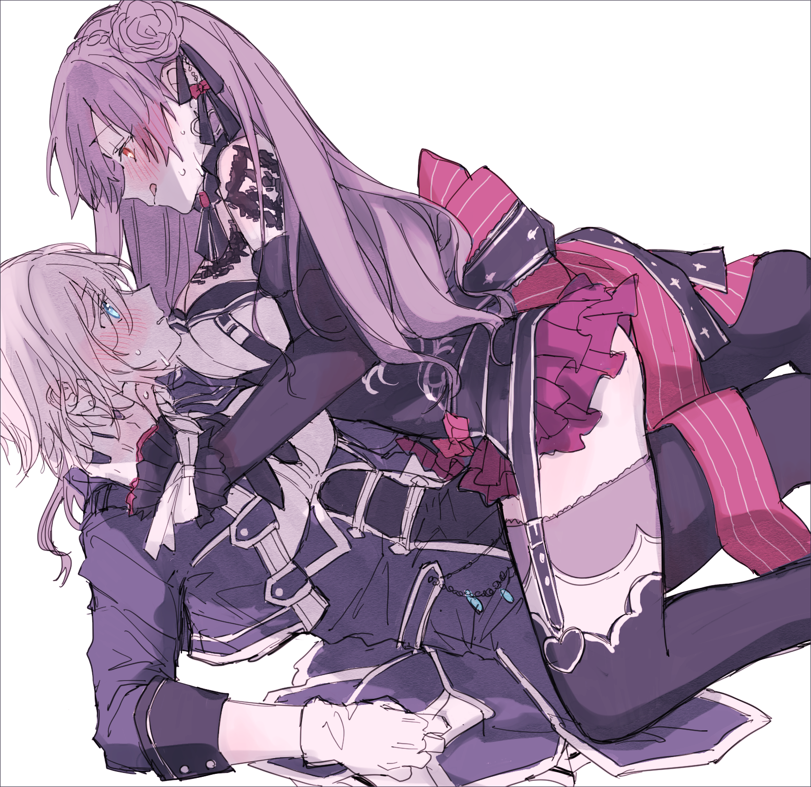 2girls amane_(7783) black_jacket black_thighhighs blue_eyes blush character_request check_copyright commentary_request copyright_request gloves grey_hair hand_on_another's_neck highres idolmaster idolmaster_cinderella_girls jacket licking_lips long_hair long_sleeves multiple_girls purple_hair purple_skirt red_eyes short_hair simple_background skirt straddling sweat thighhighs tongue tongue_out white_background white_gloves yuri