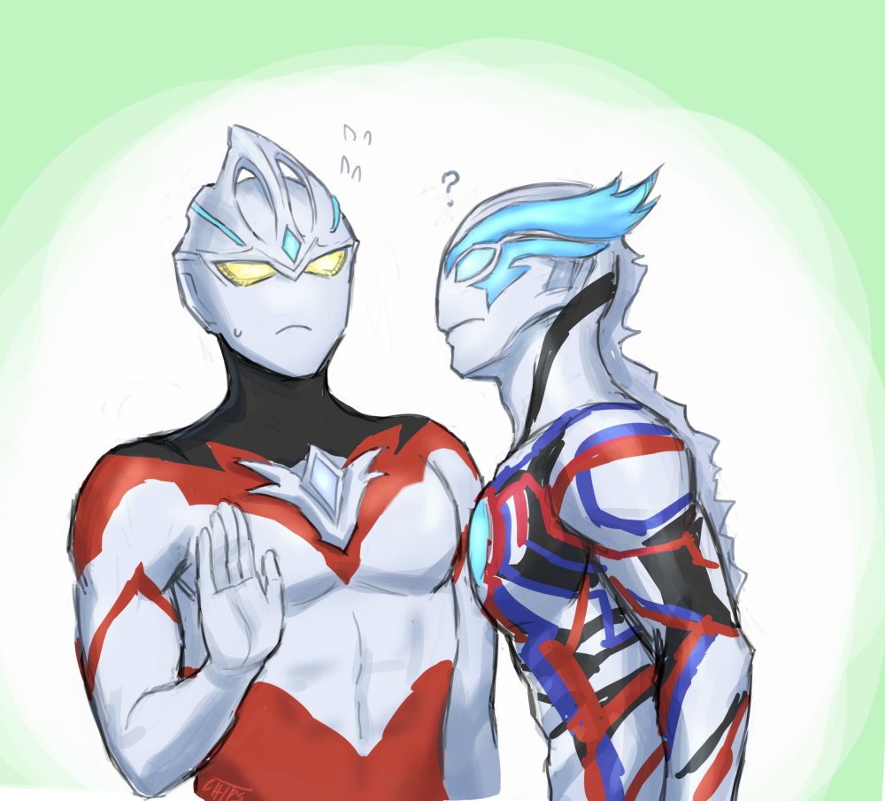 2boys ? alien artist_name black_skin blue_eyes blue_gemstone blue_horns blue_skin chips_n_cookies color_timer colored_skin commentary english_commentary flying_sweatdrops forehead_jewel frown gem green_background grey_eyes horns male_focus multicolored_skin multiple_boys no_pupils open_hand red_skin silver_skin sketch spines sweatdrop tokusatsu ultra_series ultraman_arc ultraman_arc_(series) ultraman_blazar upper_body white_background