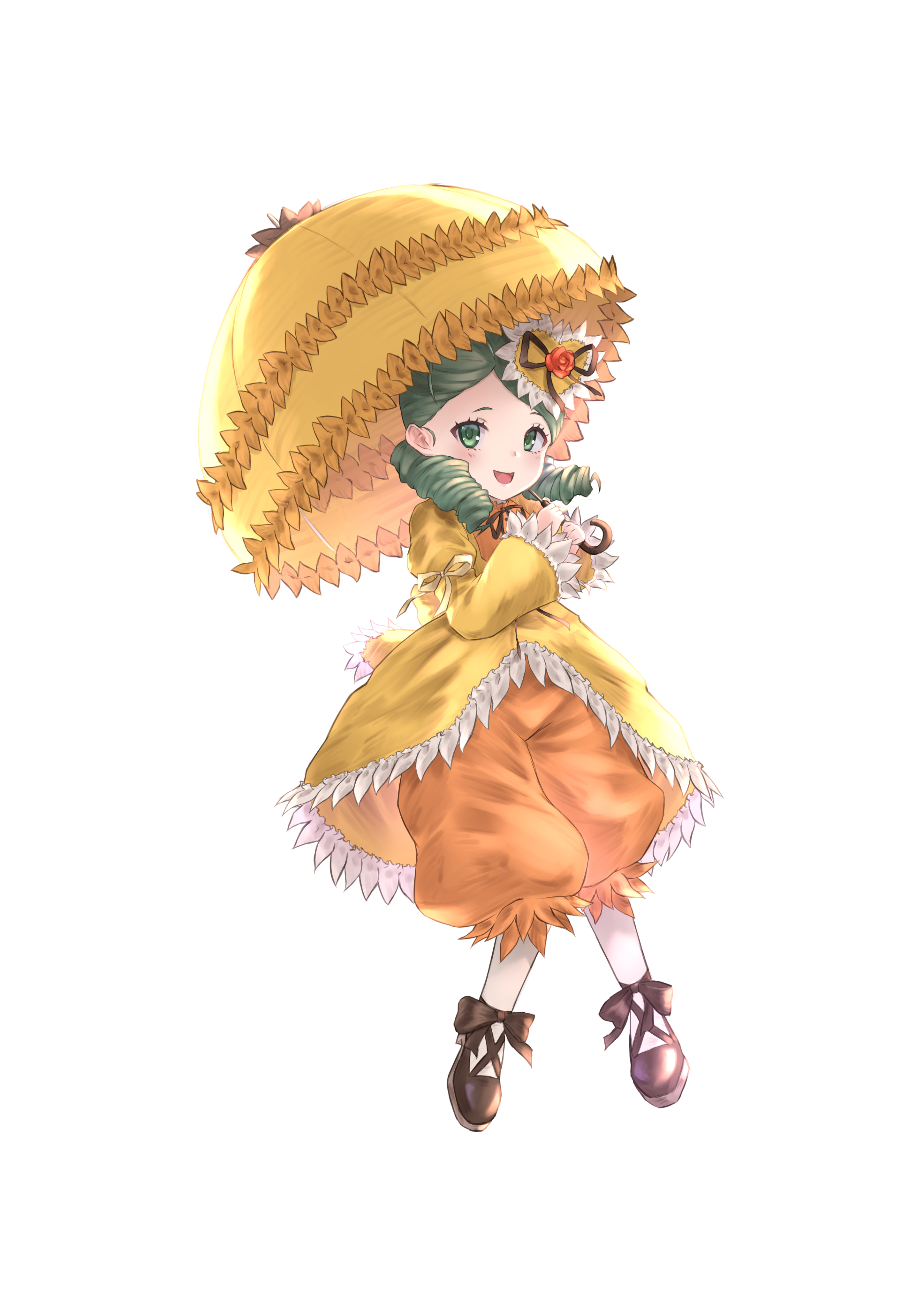 1girl absurdres dress drill_hair full_body green_eyes green_hair highres holding holding_umbrella kanaria long_hair looking_at_viewer majinno mary_janes parasol rozen_maiden shoes solo twin_drills umbrella yellow_dress