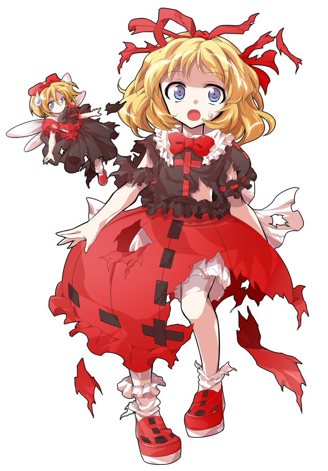 2girls alphes_(style) back_bow black_shirt black_skirt blonde_hair bloomers blue_eyes bow bowtie collared_shirt commentary_request contrast_collar dairi defeat fairy_wings frilled_shirt_collar frilled_socks frills full_body hair_ribbon large_variant_set long_skirt medicine_melancholy medium_hair multiple_girls open_mouth parody puffy_short_sleeves puffy_sleeves red_bow red_bowtie red_ribbon red_shirt red_shoes red_skirt ribbon ribbon-trimmed_skirt ribbon_trim shirt shoes short_sleeves skirt socks style_parody su-san sweatdrop tachi-e torn_clothes touhou transparent_background underwear variant_set white_bloomers white_bow white_socks wings