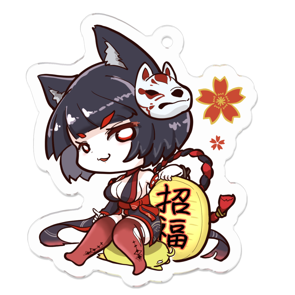 1girl animal_ear_fluff animal_ears azur_lane black_hair black_kimono black_sleeves bow breasts chibi cleavage commentary_request detached_sleeves eyes_visible_through_hair full_body himajin_(fd_jin) japanese_clothes charm_(object) kimono looking_at_viewer manjuu_(azur_lane) mask mask_on_head medium_breasts mismatched_eyebrows obi parted_lips red_bow red_sash red_thighhighs rope sash short_hair sideboob simple_background sitting sleeveless sleeveless_kimono solo thighhighs torn_clothes torn_thighhighs transparent_background waist_bow wavy_mouth white_eyes wide_sleeves yamashiro_(azur_lane) yamashiro_(meta)_(azur_lane)