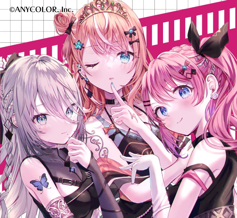 3girls aqua_eyes bear_earrings blonde_hair blue_eyes blue_nails braid breasts butterfly_tattoo cleavage earrings gloves grey_hair igarashi_rika jewelry kappe_reeka kuramochi_meruto medium_breasts mole mole_under_eye multicolored_hair multiple_girls nijisanji one_eye_closed pink_hair side_braid side_ponytail small_breasts smile soldier_game sophia_valentine streaked_hair tattoo tiara virtual_youtuber white_gloves white_hair