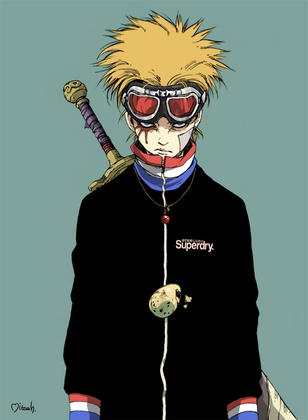 1boy bandage_on_face bandages blue_eyes earrings egg facial_mark frown goggles green_background jacket jewelry looking_at_viewer makkamu male_focus necklace orange_hair original sheath sheathed signature simple_background single_earring solo sword track_jacket weapon