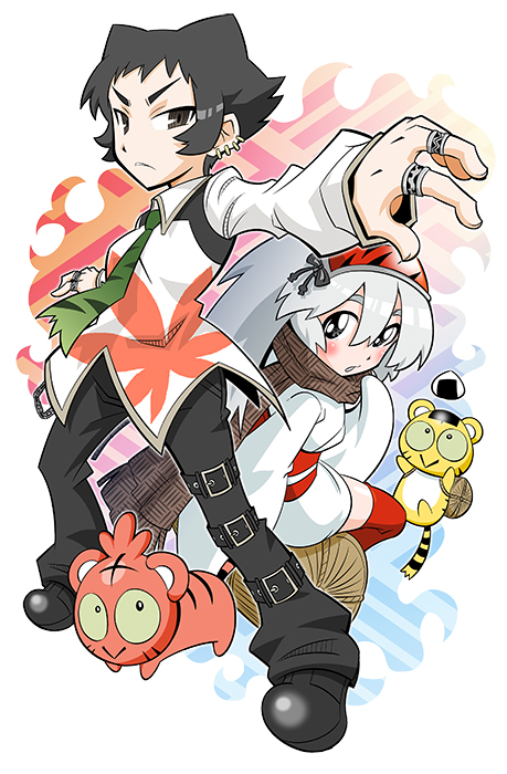 2girls belt beniko_(toranoana) black_eyes black_hair comic_toranoana green_necktie grey_eyes japanese_clothes jewelry kotora_(toranoana) koyuki_(toranoana) leaf_print long_hair maple_leaf_print mook-tv multiple_girls necktie official_art ring short_hair sidelocks tora_da_yo. toranoana white_hair