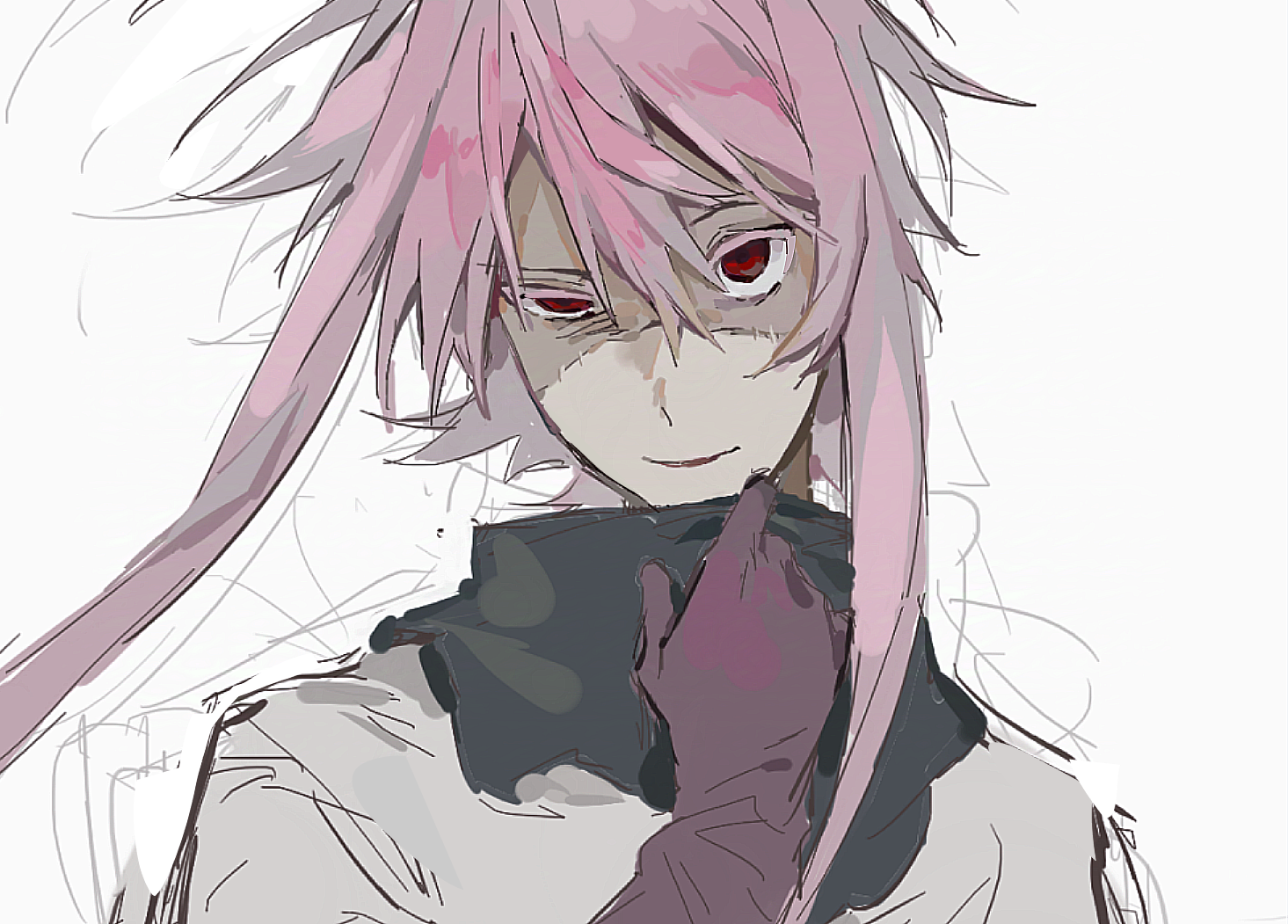 1boy colored_eyelashes commentary_request gloves hair_between_eyes lei_renqun_xing_shanyao_shi looking_at_watch male_focus nijou_ryuu parted_lips patchwork_skin pink_hair portrait purple_gloves red_eyes saibou_shinkyoku shirt short_hair_with_long_locks sketch smile solo uneven_eyes white_background white_shirt