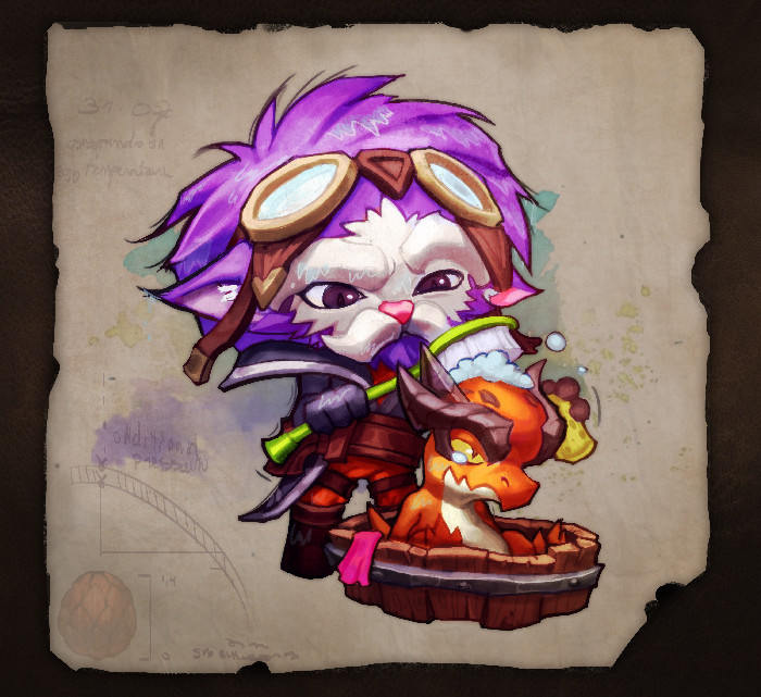 ... 1boy alternate_hairstyle animal belt black_collar black_eyes black_gloves brown_belt brown_footwear brush closed_eyes closed_mouth collar concept_art dragon dragon_trainer_heimerdinger gloves goggles goggles_on_head heimerdinger league_of_legends long_hair looking_at_viewer pink_hair smile solo sponge standing towel vladbacescu washing yordle