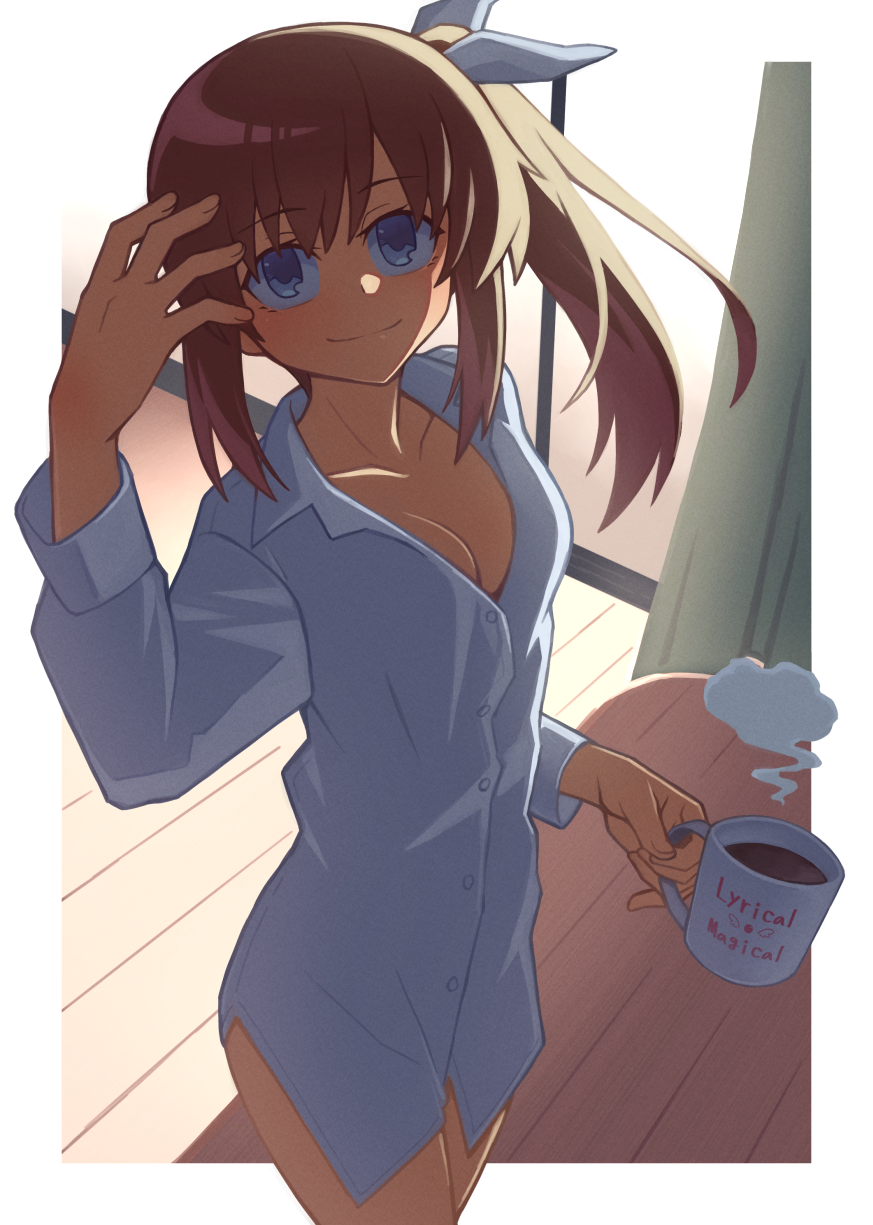 1girl blue_eyes blue_ribbon breasts brown_hair buttons cleavage closed_mouth coffee collarbone dress_shirt fingernails hair_ribbon hibun_tsukasa highres long_hair looking_at_viewer lyrical_nanoha mahou_shoujo_lyrical_nanoha mug_writing no_pants ribbon shirt side_ponytail solo takamachi_nanoha
