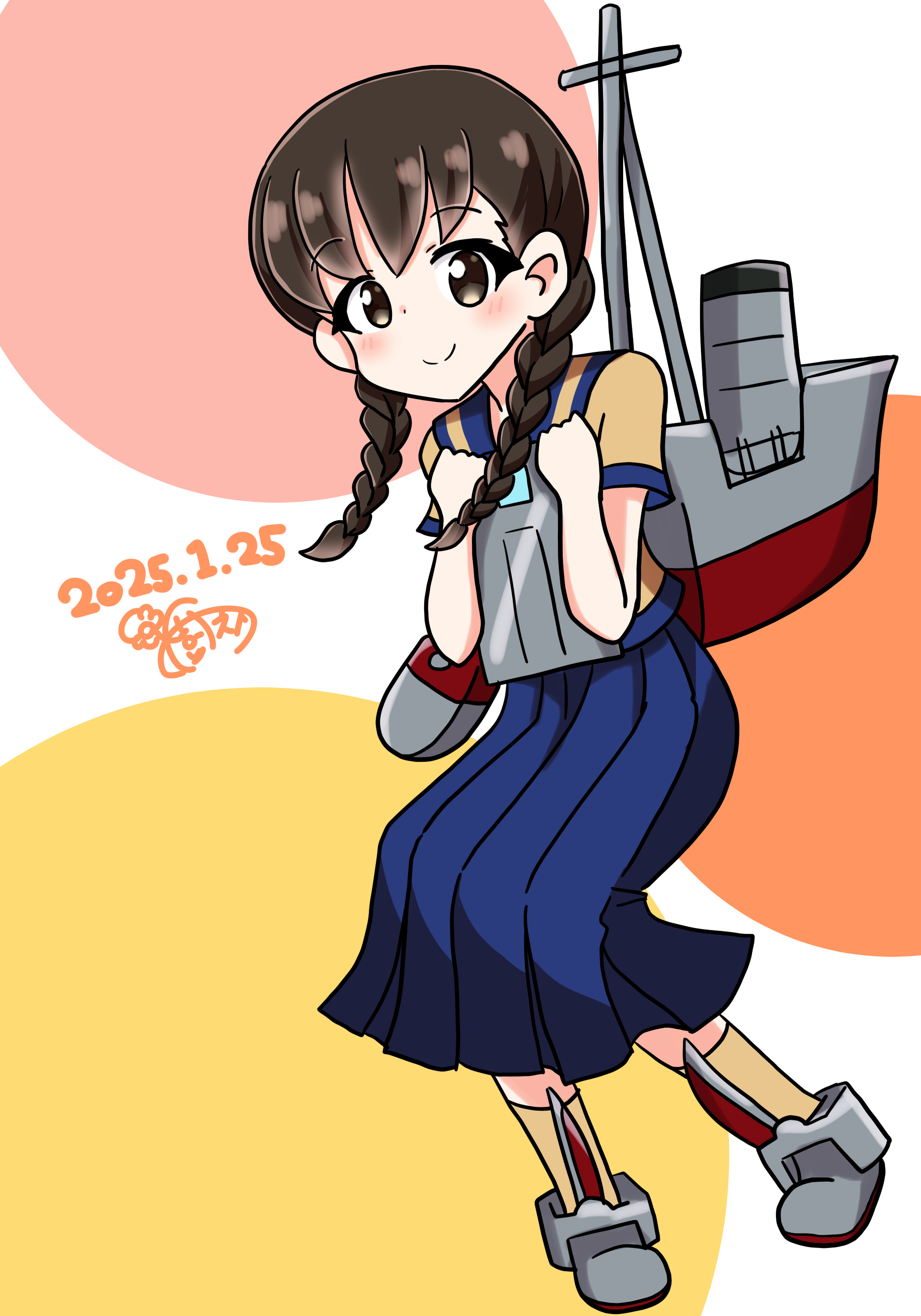 1girl absurdres alternate_skirt_length black_hair blue_sailor_collar blue_skirt braid brown_eyes brown_shirt brown_socks colorful_background full_body highres kantai_collection kinoshita_tsubomi landing_gear landing_ship_no._101_(kancolle) long_hair long_skirt low_twintails machinery one-hour_drawing_challenge pleated_skirt sailor_collar school_uniform serafuku shirt signature skirt smile socks solo twin_braids twintails