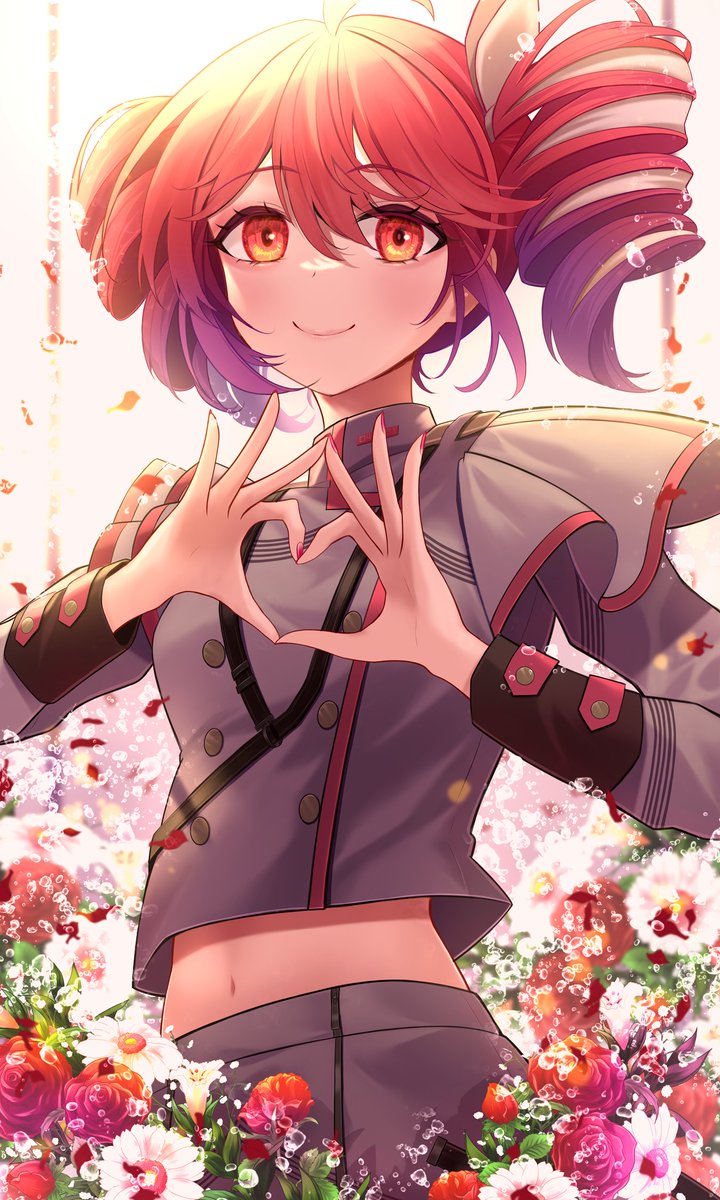 1girl ahoge belt black_belt black_sleeve_cuffs blush bow breasts brown_eyes buttons double-breasted drill_hair flower grey_jacket grey_skirt hair_between_eyes hair_bow hair_ribbon heart heart_hands highres jacket kasane_teto kasane_teto_(sv) layered_sleeves long_sleeves looking_at_viewer midriff_peek musical_staff musical_staff_print navel pink_flower red_flower red_trim regress ribbon shoulder_belt shoulder_boards skirt skirt_set small_breasts smile solo striped_clothes striped_jacket synthesizer_v too_many_flowers twin_drills utau white_background white_bow white_flower white_ribbon