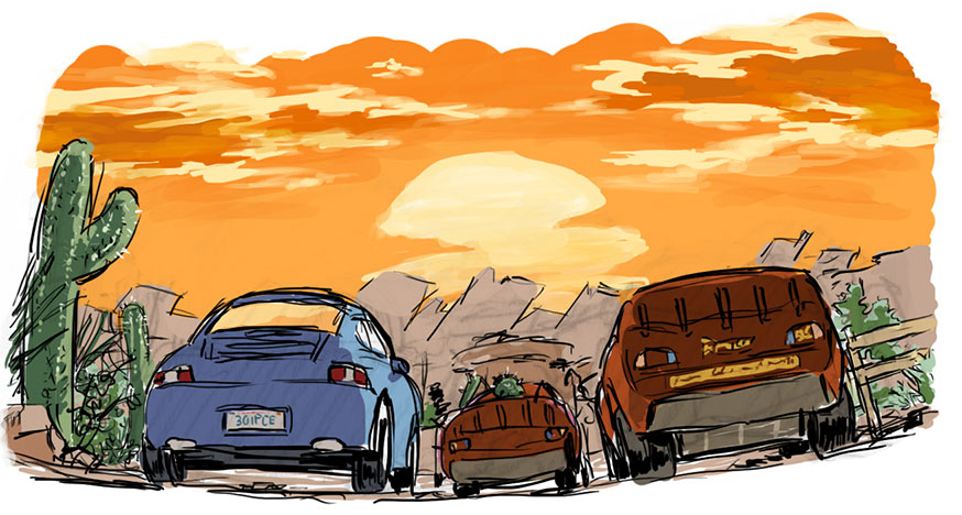 barasui blue_car cactus car cars_(movie) desert motor_vehicle red_car sunset